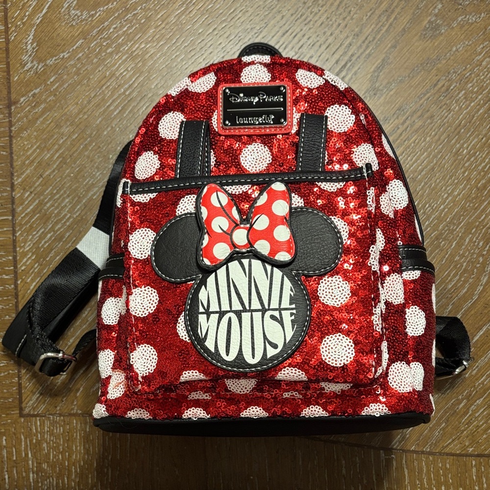 Loungefly Disney Minnie Mouse Sequin Red and White Backpack with Ear Holder
